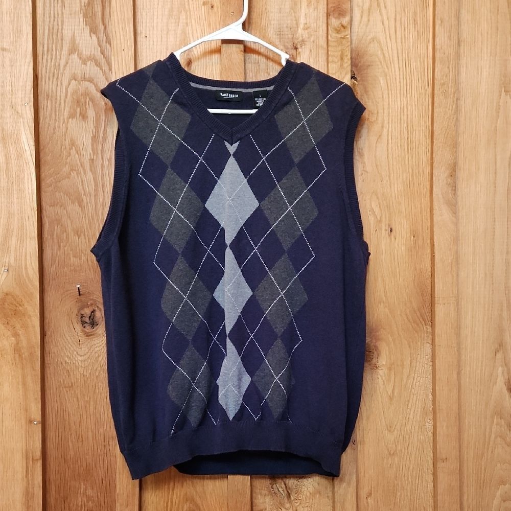 Van Heusen Blue and Gray V-Neck 100% Cotton Knit Sweater Vest, Large
